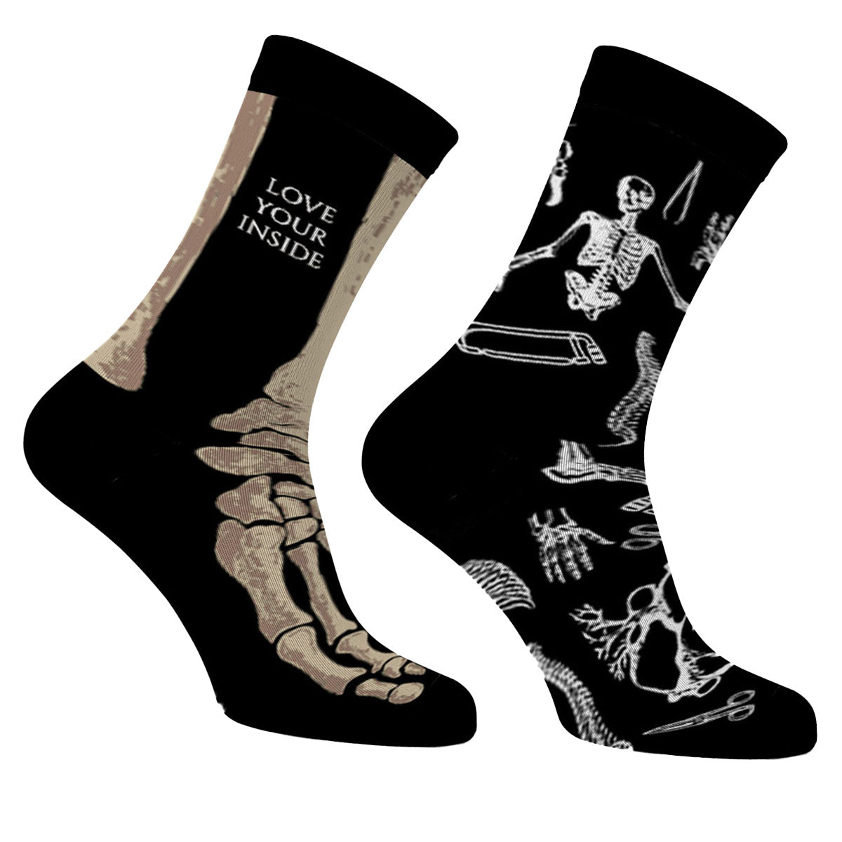 Zestaw dwóch par długich, bawełnianych skarpet unisex z oryginalnym wzorem:
- Skarpety z wzorem rycin anatomicznych.
- Skarpety z wzorem kości
Widok z boku