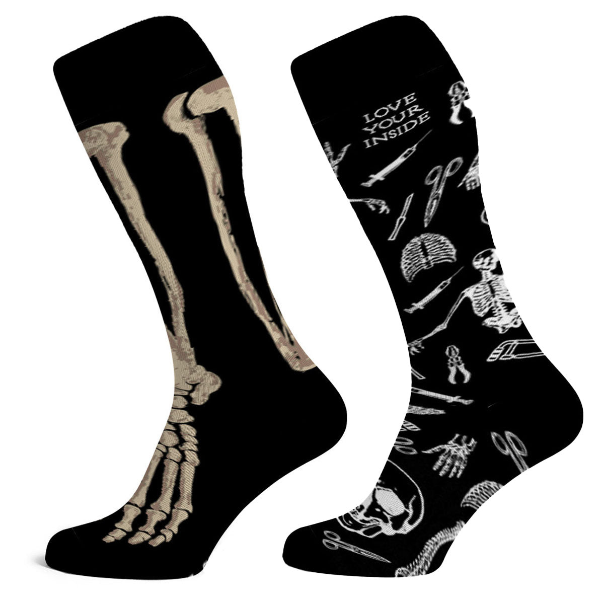 Zestaw dwóch par bawełnianych podkolanówek damskich:
- Podkolanówki ryciny anatomiczne.
- Podkolanówki z wzorem kości
Widok z boku