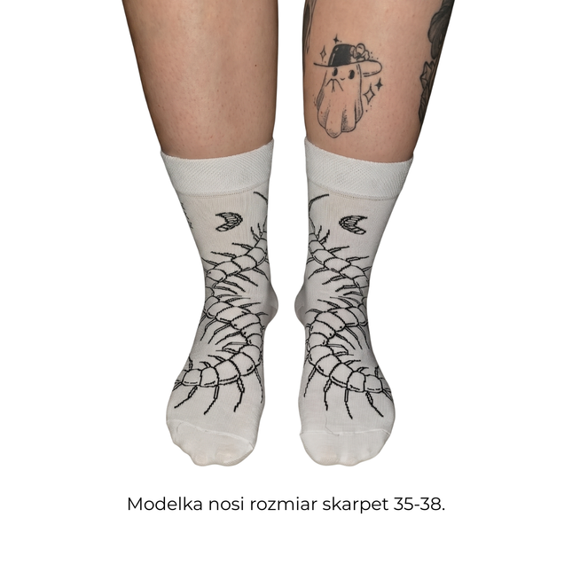 Osoba ma na stopach białe długie bawełniane skarpety z motywem skolopendry od Love Your Inside. Modelka nosi rozmiar skarpet 35–38.