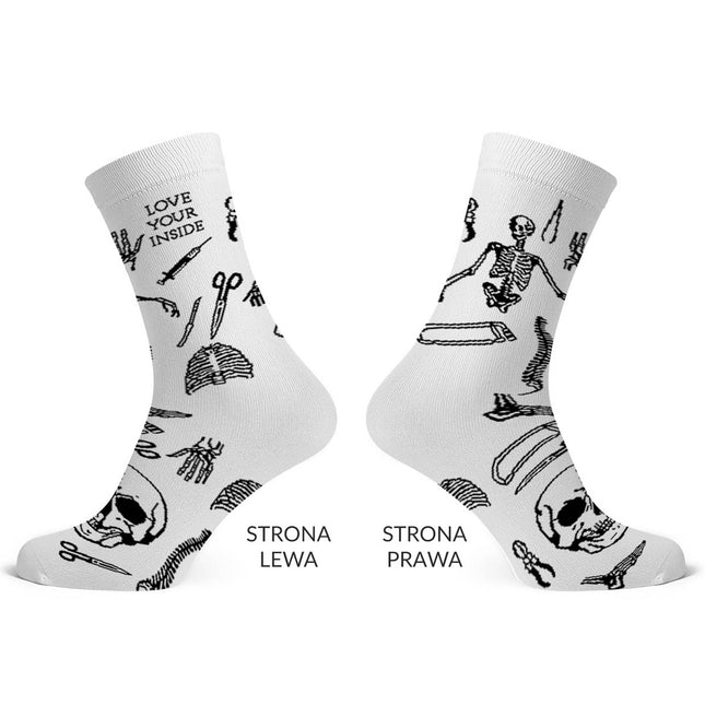 Białe długie skarpety z rycinami anatomicznymi - strona lewa i prawa, Love Your Inside