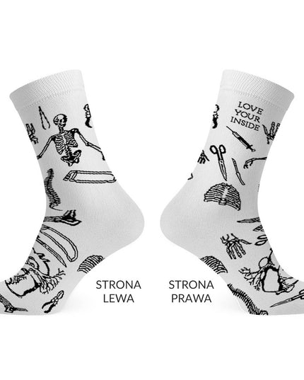 Białe długie skarpety z rycinami anatomicznymi - tył strony lewej i prawej, Love Your Inside