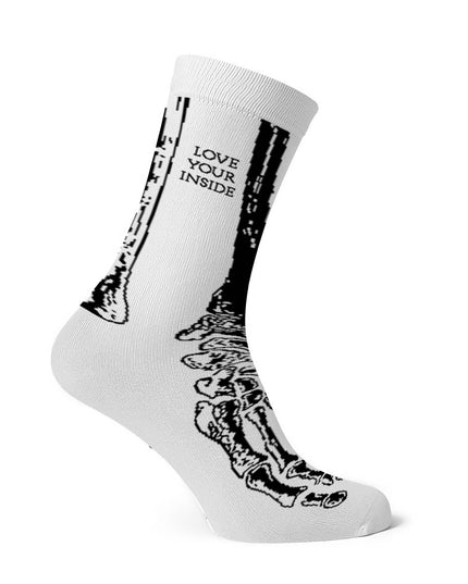 Białe długie skarpety z wzorem kości stopy - widok z boku, Love Your Inside