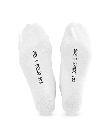 Białe długie skarpety z wzorem kości stopy - podeszwa z napisem 206 Bones 1 End, Love Your Inside
Następny.