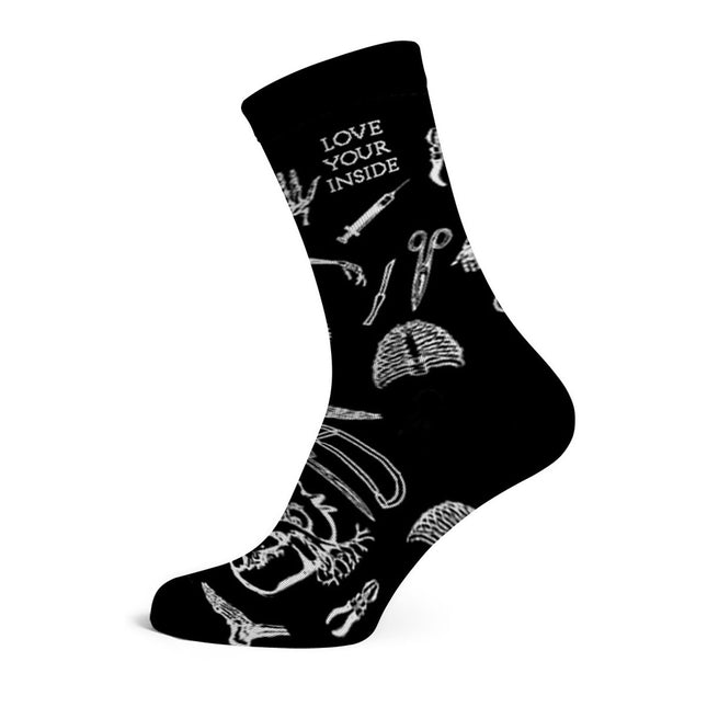 Skarpety długie bawełniane unisex z rycinami anatomicznymi. 
- Widok z boku.
