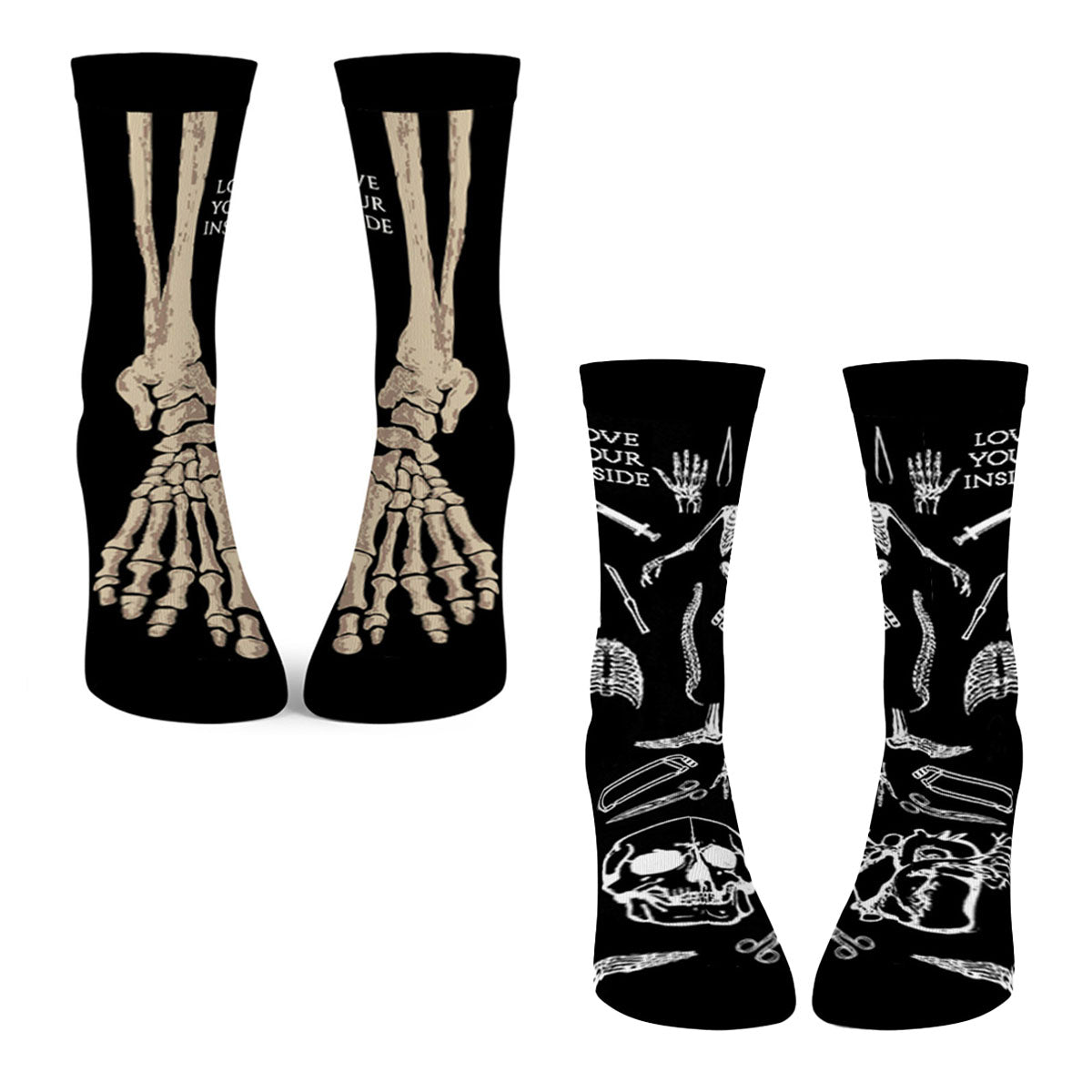 Zestaw dwóch par długich, bawełnianych skarpet unisex z oryginalnym wzorem:
- Skarpety z wzorem rycin anatomicznych.
- Skarpety z wzorem kości 
Widok z przodu